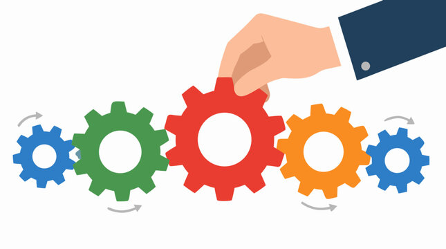 Businessman hand in suit placing large red gear into row of colorful interlocking cogs teamwork business solution concept flat vector illustration cooperation mechanism strategy integration success