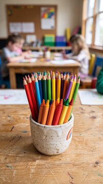 Colored pencils stand in a cup on a classroom table while children study in soft focus behind. Creative learning, school supplies, and early education support imagination and everyday teaching.  