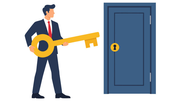 Businessman in suit holding giant golden key standing in front of closed blue door with keyhole, concept of opportunity, success and unlocking business solutions on white background