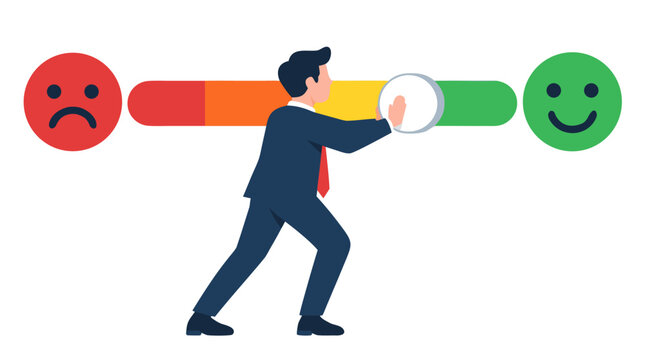 Businessman pushing satisfaction slider bar from sad red face toward happy green smiley, customer feedback rating and service quality improvement concept in flat vector corporate illustration