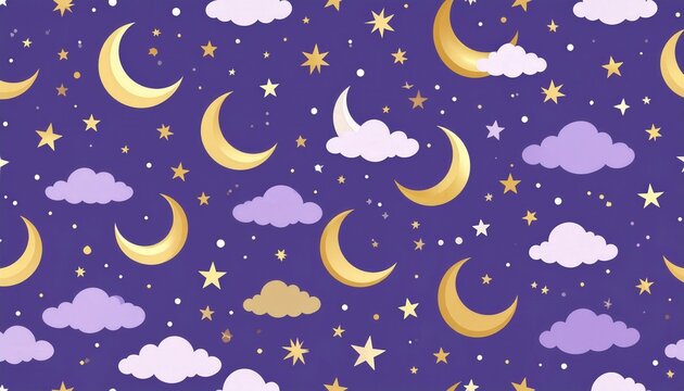 Night sky pattern with crescent moons and stars whimsical celestial background for nursery decor and bedtime themes with purple clouds and sparkles
