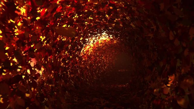 Camera moves forward through a winding tunnel of swirling red and orange autumn leaves in a 3d loop animation