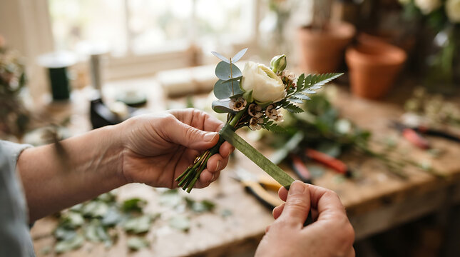 Florist hands wrapping green floral tape around white ranunculus and eucalyptus boutonniere stem in flower shop workshop