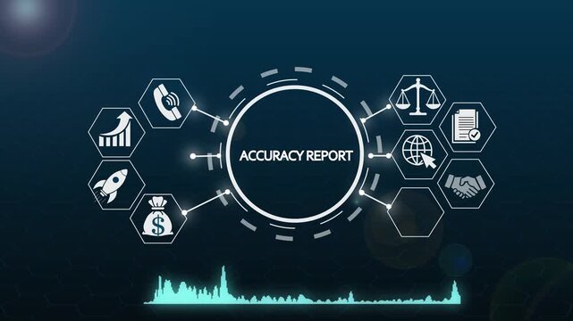 Accuracy report digital interface with business icons and data visualization hud animation