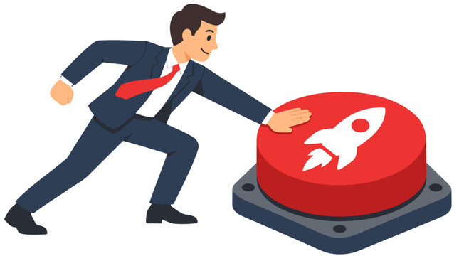 Energetic businessman in blue suit pushing giant red rocket launch button symbolizing startup launch, innovation and entrepreneurial ambition in bold flat vector illustration style isolated on white