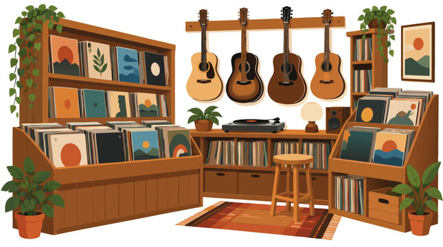 Cozy warm wooden vintage record shop interior with shelves of vinyl records, acoustic guitars hanging on wall, turntable player, stool, plants and retro decor in detailed flat illustration