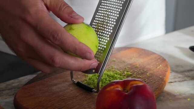 Close-up shot of person grating fresh lime zest on metal grater over wooden cutting board in kitchen.