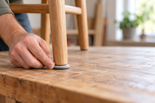 Furniture assembler fitting felt pad under wooden chair foot