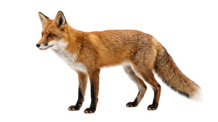 Fototapeta premium Red fox standing in profile, wild orange vulpes vulpes portrait, red fox wildlife animal photography isolated PNG with Transparent Background