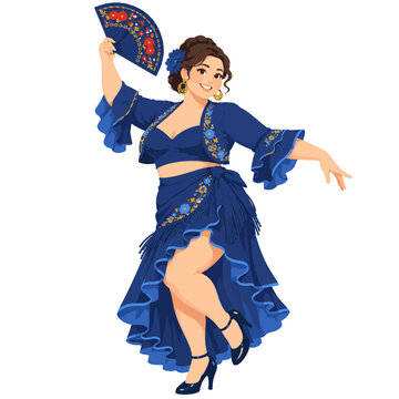 Fat Woman dancing Flamenco, vector illustration isolated on white background 