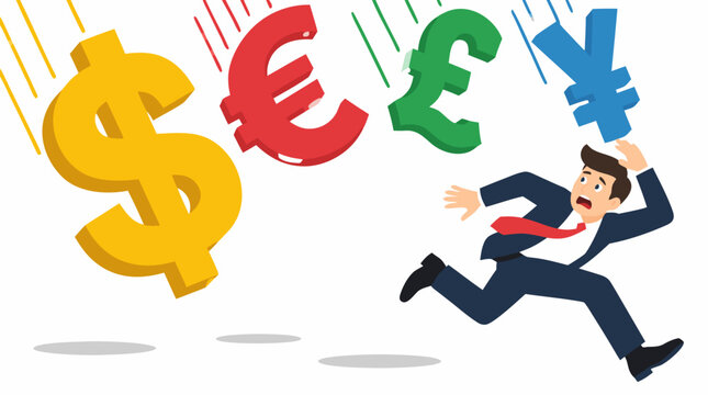 Panicked businessman in suit running away from falling giant dollar euro pound yen currency symbols illustrating financial crisis debt crash market collapse recession inflation risk concept