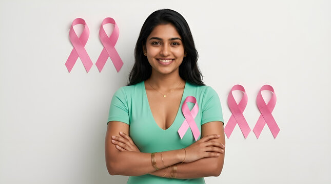 Young Indian woman in mint green t-shirt with pink ribbon smiling confidently with arms crossed. Four pink awareness ribbons on white wall background. Concept of breast cancer awareness support and ho