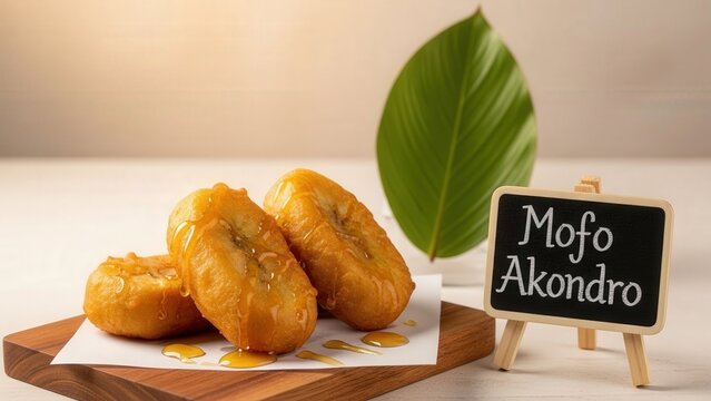 Gourmet Malagasy Mofo Akondro Banana Fritters with Honey and Chalkboard Sign on Wooden Board