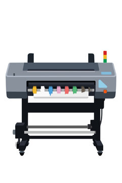 Professional large format inkjet plotter printer on stand with paper roll feeding station and colored ink swatches in technical modern flat vector illustration isolated on white background