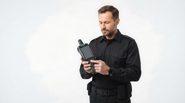 Professional security officer using a handheld mobile terminal for inspection and data entry