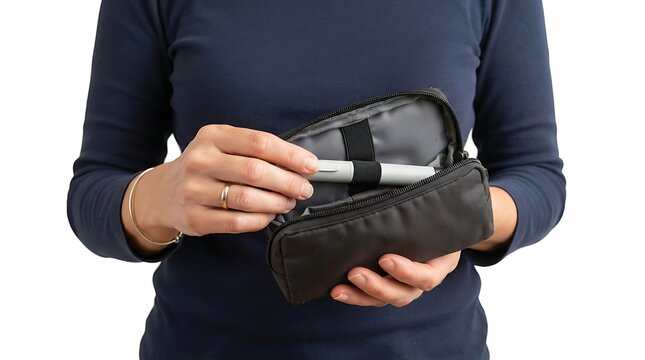 Woman holding a medical injection pen and a small black carrying case for diabetes management