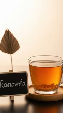 Traditional Malagasy Ranovola Burnt Rice Tea in Glass Cup with Chalkboard Sign on Wooden Coaster