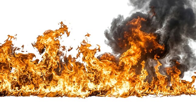 A dynamic and intense line of bright orange and yellow fire burning fiercely, creating thick plumes of dark smoke, isolated on white background