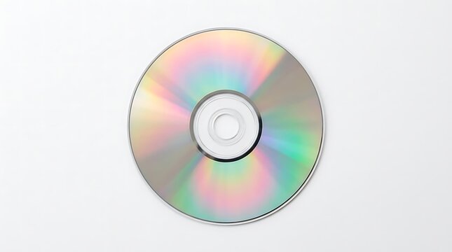 Compact disc showing iridescent rainbow reflections, isolated on white background