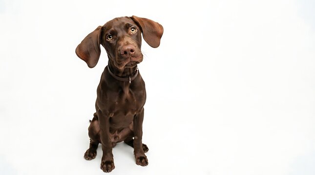 An adorable, curious brown puppy sitting attentively against a clean, isolated on white background