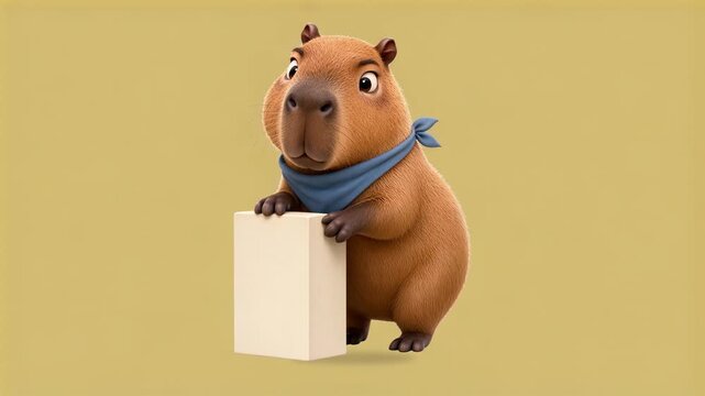 Friendly cartoon capybara nodding beside a cream block