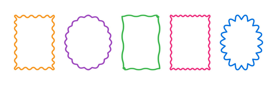 Border wave shape, frame line icon. Retro rectangle hand drawn, square scallop edge. Kid text box, cute colorful rectangular frame. Fun border outline art isolated on bg. Simple vector illustration
