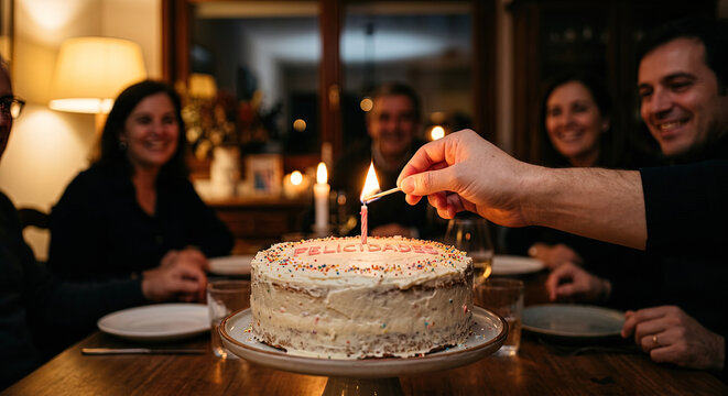 Celebraci&oacute;n con una torta y amigos