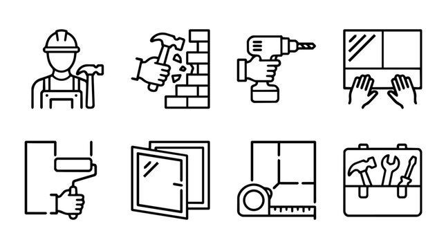 Construction and home renovation line icons collection with builder, hammer, drill, painting, window installation, measuring and repair tools