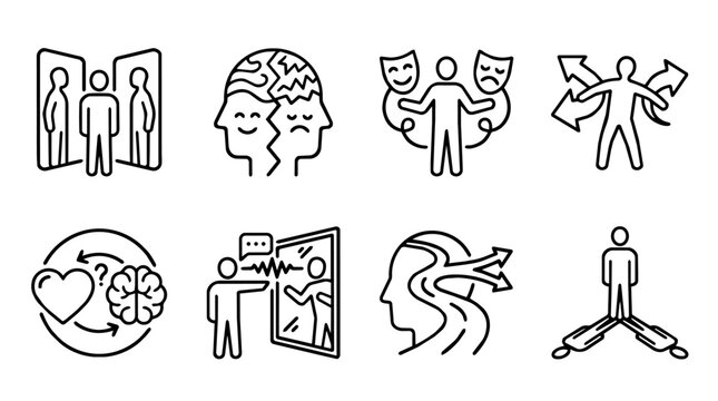 Self identity and personality psychology line icons collection with reflection, inner conflict, emotions, masks, choices and decision making