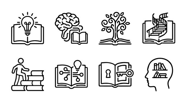 Knowledge and learning line icons collection with books, brain, ideas, education growth, study progress and intellectual development concepts