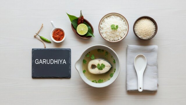 Minimalist Overhead View of Maldivian Garudhiya Fish Broth with Chalkboard Sign and Rice on Light Wood