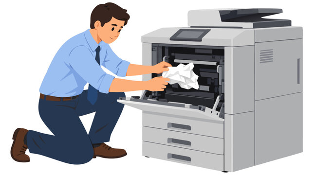 Office clerk in blue shirt and tie kneeling to clear crumpled paper jam from open front of large modern multifunction printer copier in flat vector illustration isolated on white background