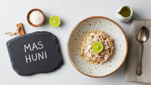 Minimalist Overhead View of Maldivian Mas Huni with Chalkboard Sign and Grated Coconut