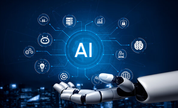 Futuristic robotic hand presenting artificial intelligence concepts with digital icons and blue background in a technology-focused environment. Entropy.