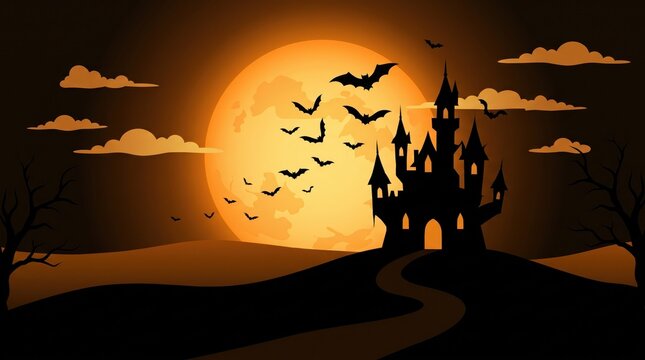 Spooky haunted castle silhouette with bats and big full moon