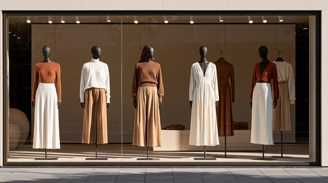 Stylish fashion boutique display window showcasing curated clothing, retail fashion concept, with copy space