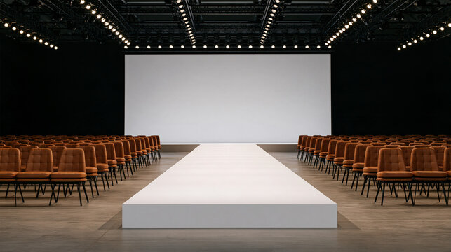 Empty fashion show stage prepared for an upcoming catwalk event, with copy space