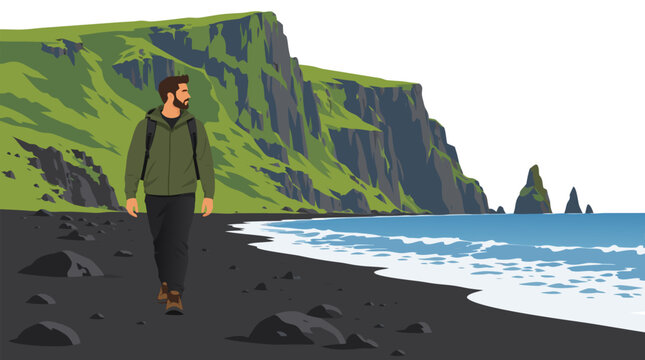 Man with backpack hiking on dramatic black sand beach with towering green cliffs and ocean waves in flat vector illustration style perfect for travel adventure tourism concept in Iceland