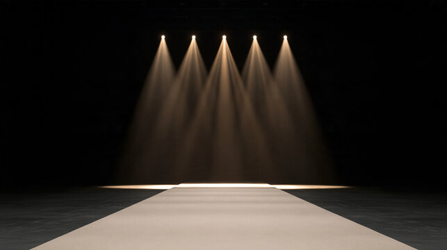 Dark stage featuring an extended runway illuminated by dramatic spotlights, prepared for a fashion show performance, with copy space