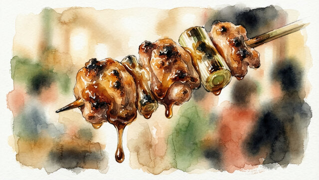 Close-up watercolor painting illustration of delicious Japanese yakitori chicken skewers with dripping sweet soy sauce glaze on a rustic background.