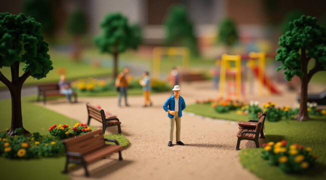 A Tilt-Shift lens effect making him look like a miniature figure in a toy model park.
