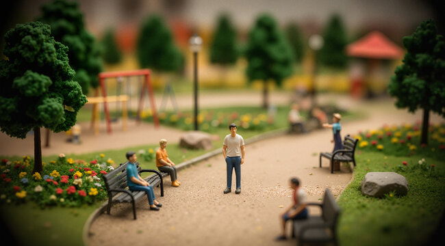 A Tilt-Shift lens effect making him look like a miniature figure in a toy model park.
