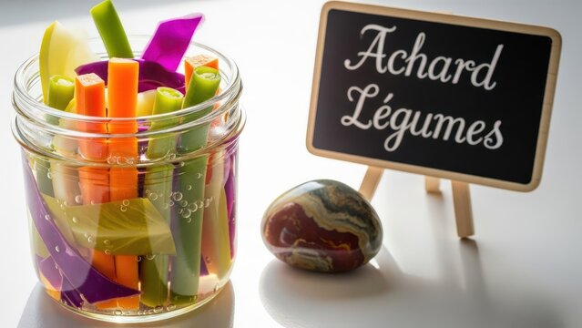 Colorful Malagasy Achard Legumes Pickled Vegetables in Glass Jar with Chalkboard Sign