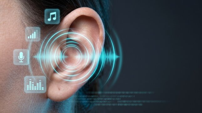 Human ear profile with glowing digital sound wave interface and audio icons audio technology hearing aid sound frequency music icons auditory perception hearing health modern tech data visuali