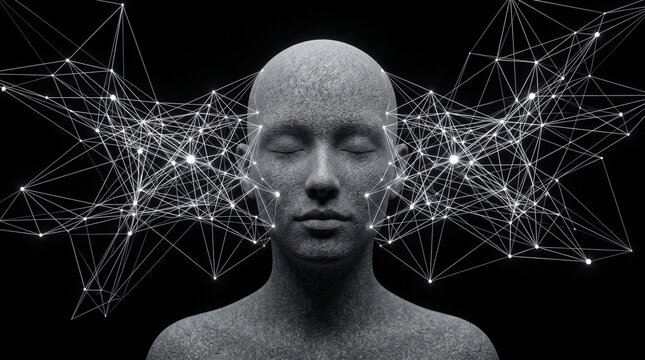 Digital human head with connected neural networks and glowing data points artificial intelligence neural network digital brain data visualization machine learning deep learning human avatar