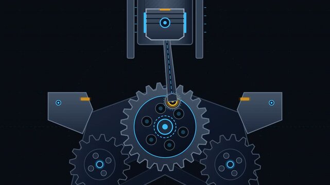 Animated Engine Piston with Rotating Gears and Mechanical Blueprint Elements
