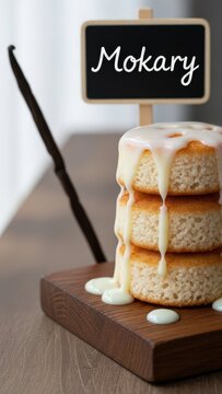 Traditional Malagasy Mokary Coconut Rice Cakes with Condensed Milk and Chalkboard Sign