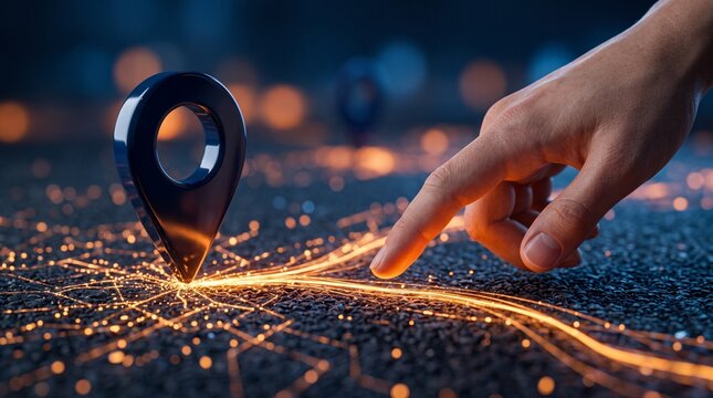 Finger touching a digital map location marker on a glowing virtual city street network with navigation system gps pin data visualization smart city location services tracking technology