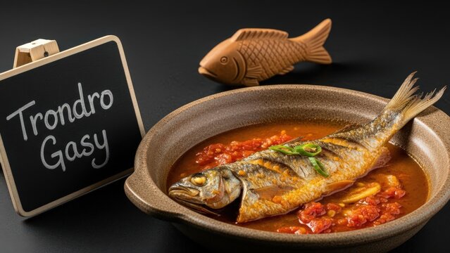 Fine Dining Malagasy Trondro Gasy Whole Fish Stew with Chalkboard Sign in Rustic Bowl