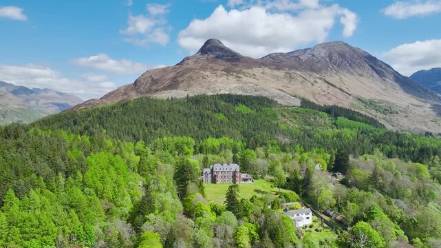 Loch Leven and Holiday Parkfrom a drone, Glencoe, Highland, Scotland, United Kingdom